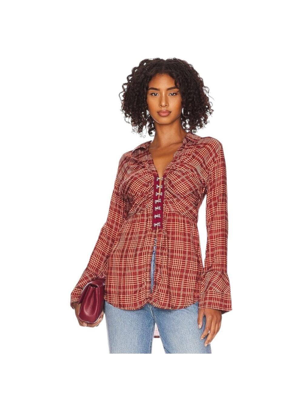 NWT Free People We The Free Red Combo Plaid Catalina Remade Shirt Combo Tunic S